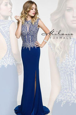 Designer Milano Formals lace long prom dress.