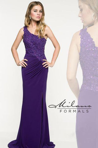 Designer Milano Formals lace long prom dress.