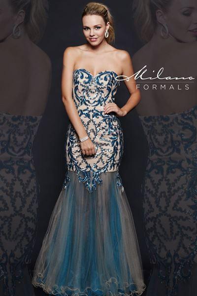 Designer Milano Formals lace long prom dress.