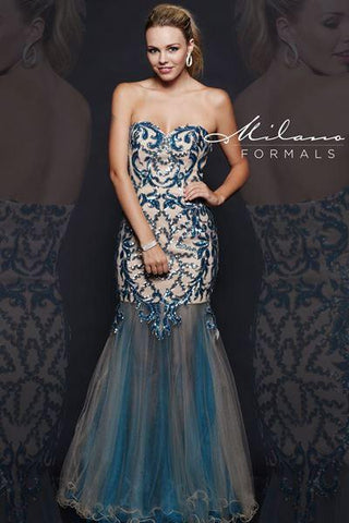 Designer Milano Formals lace long prom dress.