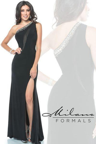 Designer Milano Formals lace long prom dress.