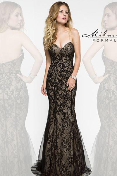 Designer Milano Formals lace long prom dress.