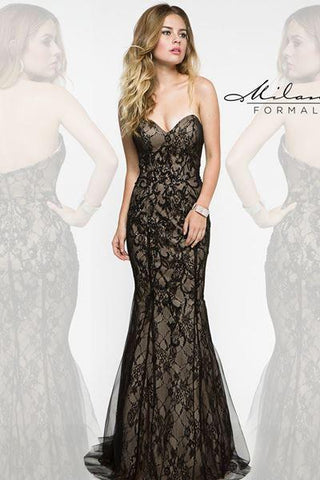 Designer Milano Formals lace long prom dress.