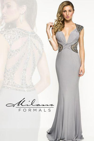 Designer Milano Formals lace long prom dress.