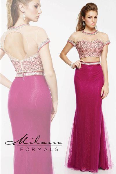 Designer Milano Formals lace long prom dress.