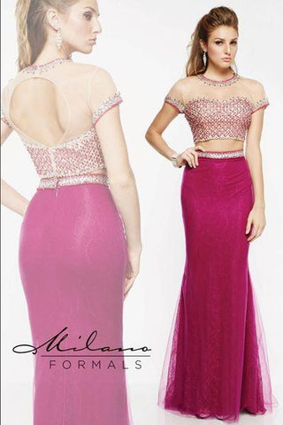 Designer Milano Formals lace long prom dress.