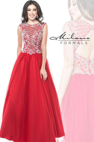 Designer Milano Formals lace long prom dress.