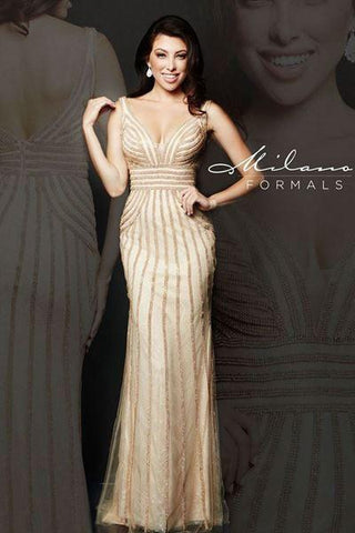 Designer Milano Formals lace long prom dress.