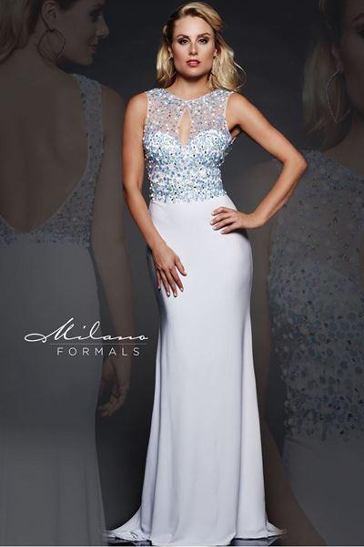 Designer Milano Formals lace long prom dress.