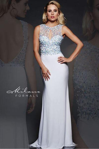 Designer Milano Formals lace long prom dress.