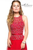 Designer Milano Formals lace long prom dress red.