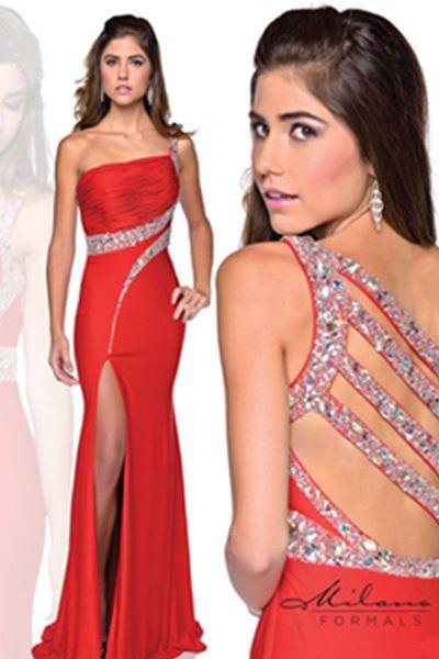 Designer Milano Formals lace long prom dress.