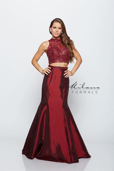 Designer Milano Formals lace long prom dress.