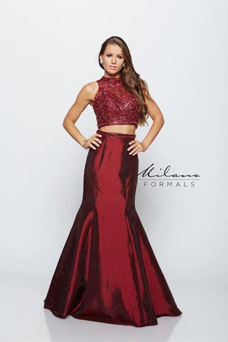 Designer Milano Formals lace long prom dress.