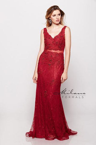 Designer Milano Formals lace long prom dress.