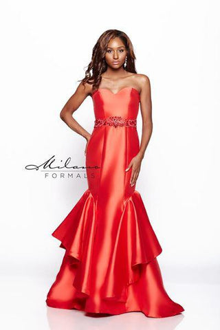 Designer Milano Formals lace long prom dress.
