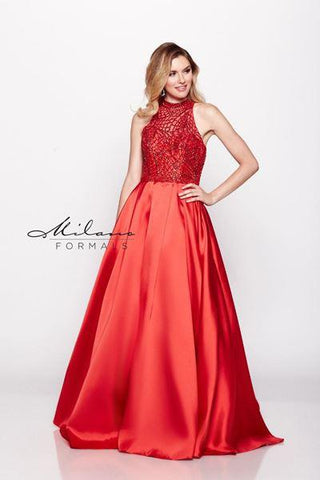 Designer Milano Formals lace long prom dress.
