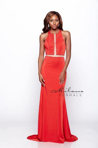 Designer Milano Formals lace long prom dress.