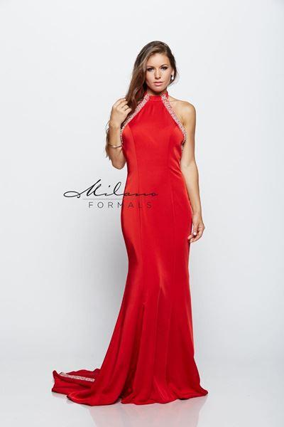 Designer Milano Formals lace long prom dress.