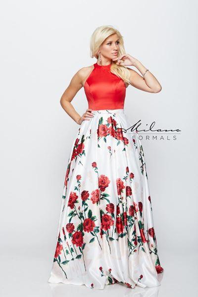 Designer Milano Formals lace long prom dress.