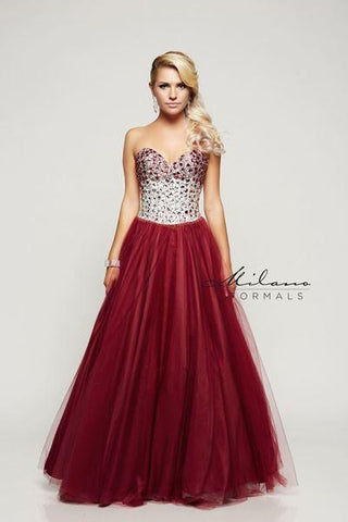 Designer Milano Formals lace long prom dress.