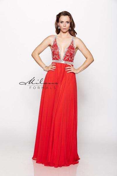 Designer Milano Formals lace long prom dress.