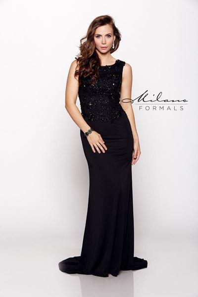 Designer Milano Formals lace long prom dress.