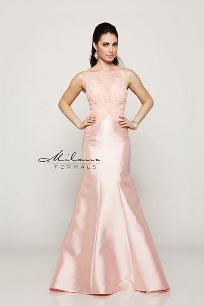 Designer Milano Formals lace long prom dress.