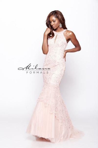 Designer Milano Formals lace long prom dress.