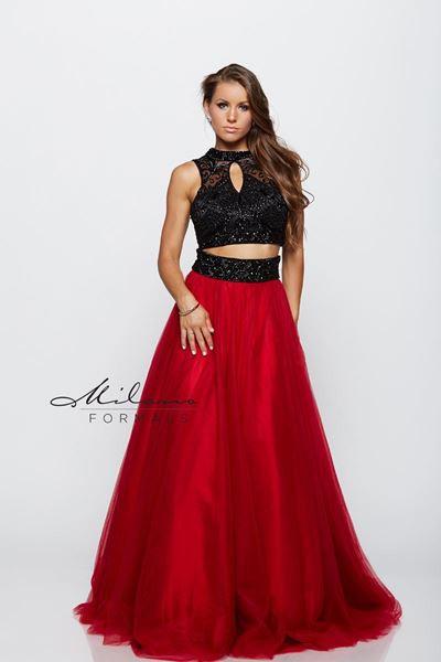 Designer Milano Formals lace long prom dress.