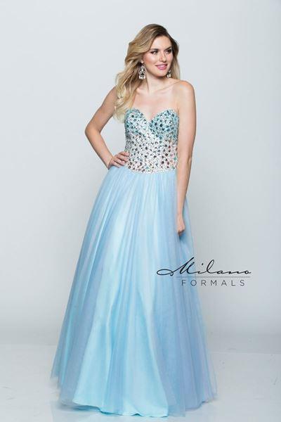 Designer Milano Formals lace long prom dress.