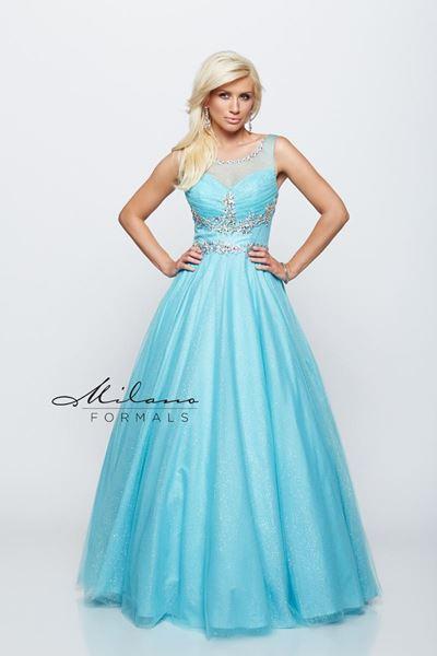 Designer Milano Formals lace long prom dress.