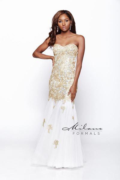 Designer Milano Formals lace long prom dress.
