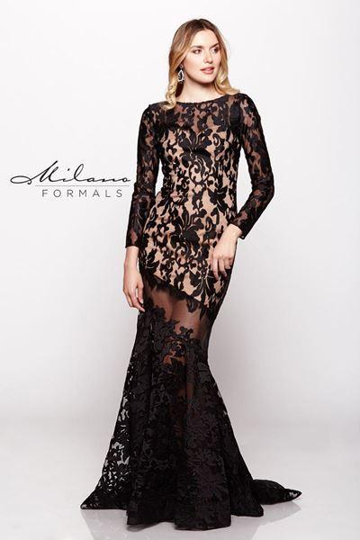 Designer Milano Formals lace long prom dress.