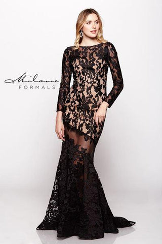 Designer Milano Formals lace long prom dress.
