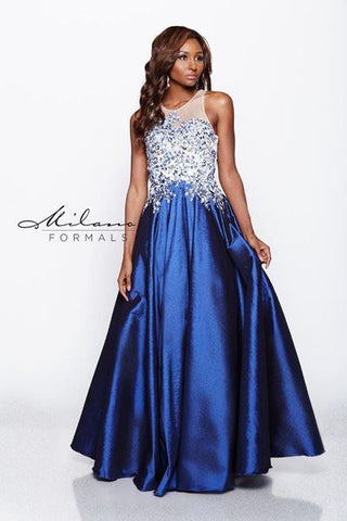 Designer Milano Formals lace long prom dress.
