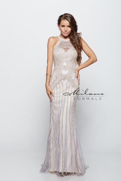 Designer Milano Formals lace long prom dress.