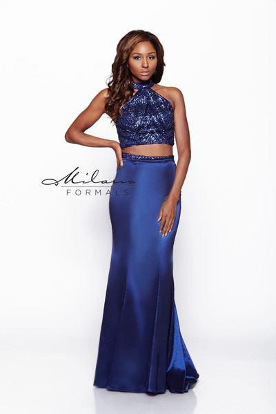 Designer Milano Formals lace long prom dress.