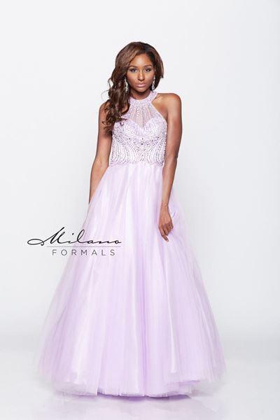 Designer Milano Formals lace long prom dress..