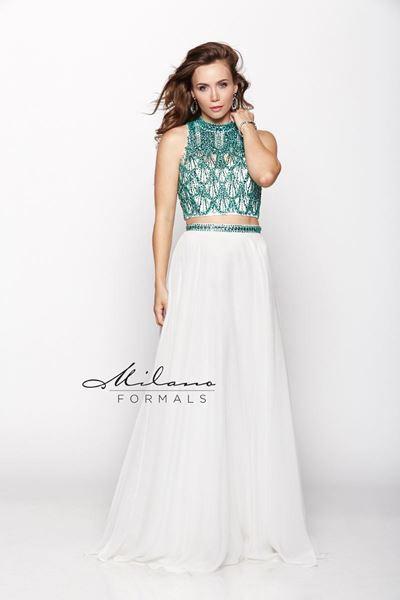 Designer Milano Formals lace long prom dress.