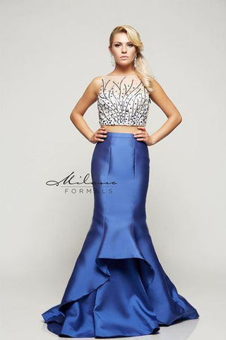 Designer Milano Formals lace long prom dress.