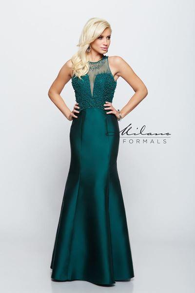 Designer Milano Formals lace long prom dress.