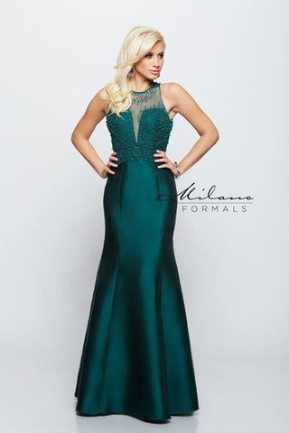 Designer Milano Formals lace long prom dress.