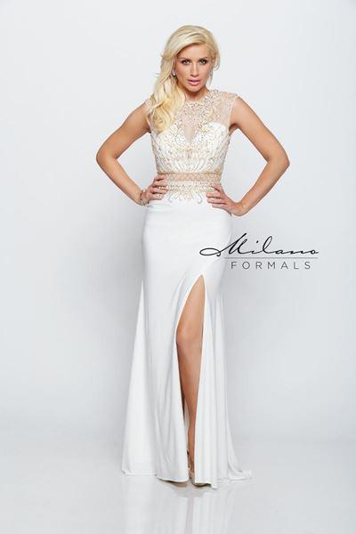 Designer Milano Formals lace long prom dress.