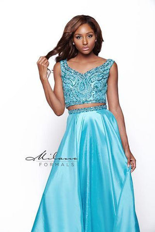 Designer Milano Formals lace long prom dress.