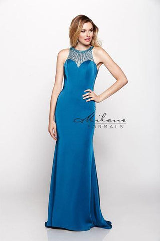 Designer Milano Formals lace long prom dress.