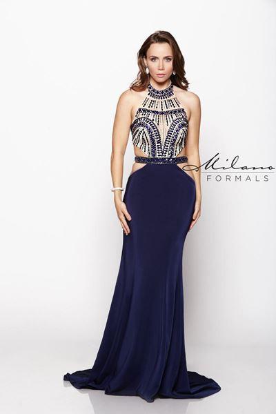 Designer Milano Formals lace long prom dress.