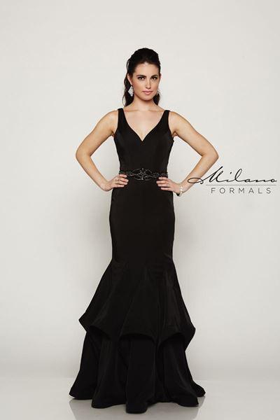 Designer Milano Formals lace long prom dress.