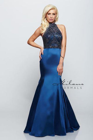 Designer Milano Formals lace long prom dress.