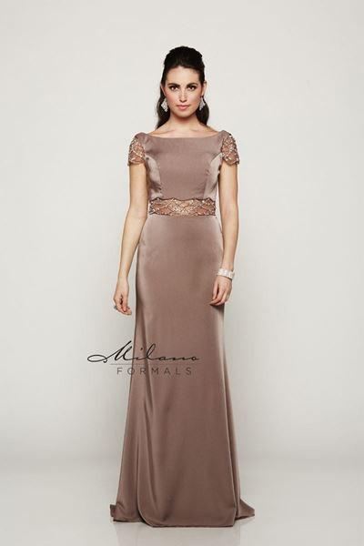 Designer Milano Formals lace long prom dress.